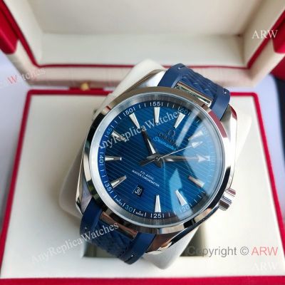 High Quality Replica OMEGA Seamaster Aqua Terra 150M Dark Blue Strap Blue Curved Face Dial Silver Case Watch 41.5mm